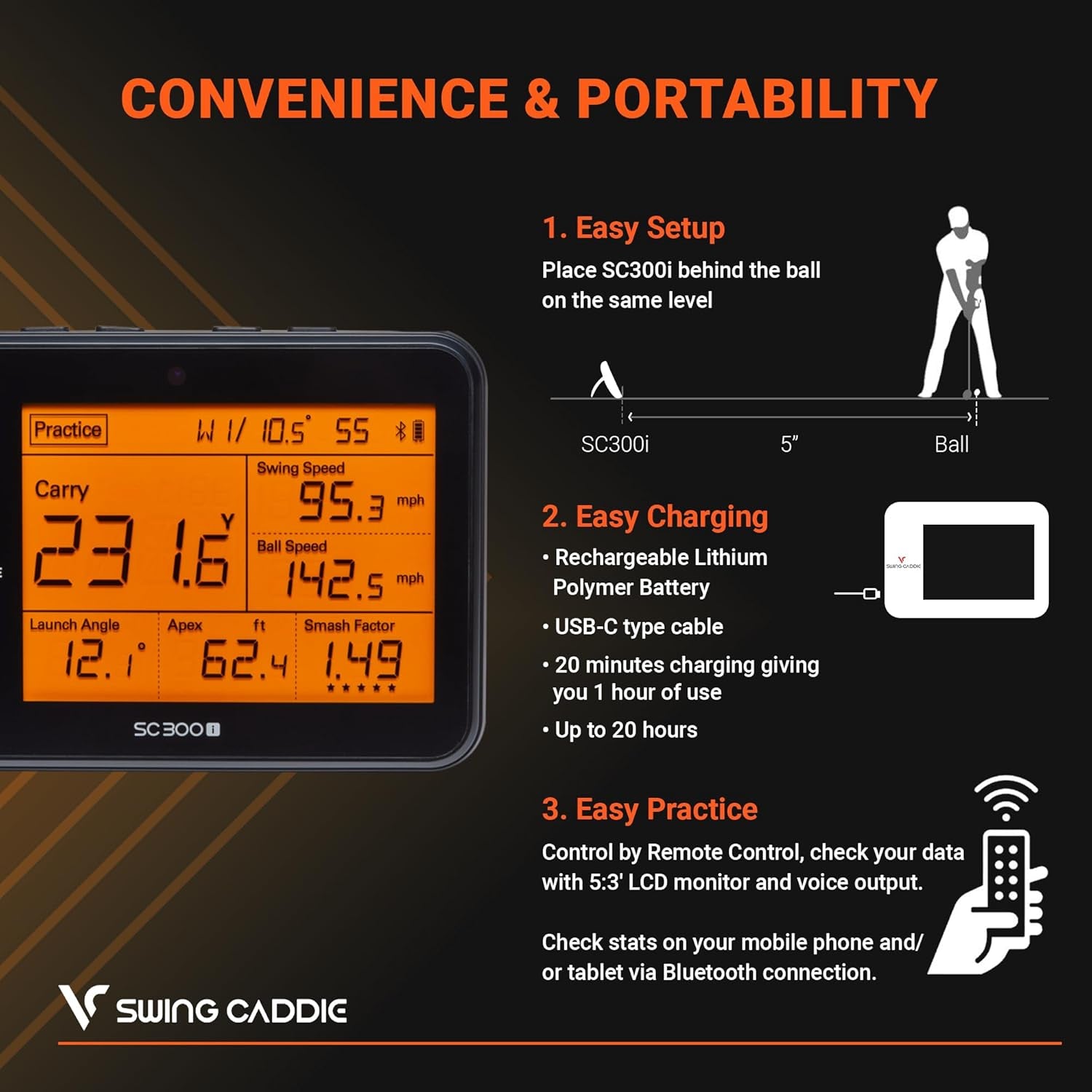 Portable Golf Launch Monitor and Swing Analyzer with Real-Time Shot Data Tracking – Ideal Golf Swing Trainer/Training Equipment for Indoor or Outdoor Use, 12-Hr Battery Life